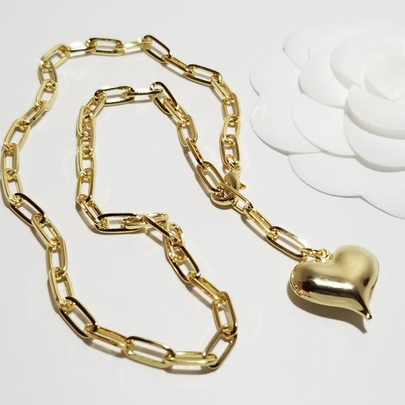 Gold Puff Heart Paperclip Choker Necklace Chain - Picture 7 of 10